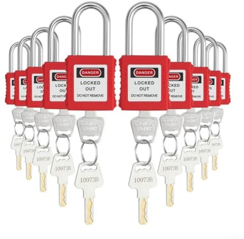 Paquete de 10 candados de seguridad industriales con bloqueo y etiqueta, cuerpo de bloqueo de nailon con viga de acero, diferentes llaves para taller de mantenimiento de máquinas