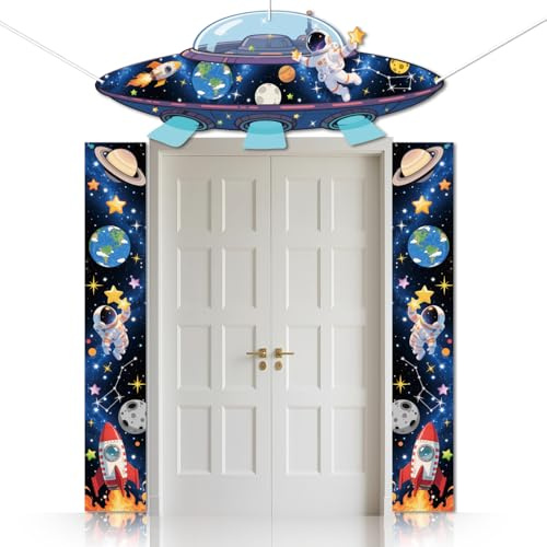 CUTHOLLOW 3er Set Weltraum Türbanner, Raumschiff Astronaut Dekoration | Hängende Veranda Deko mit Planeten Design für Haustür, Eingang, Party & besondere Anlässe