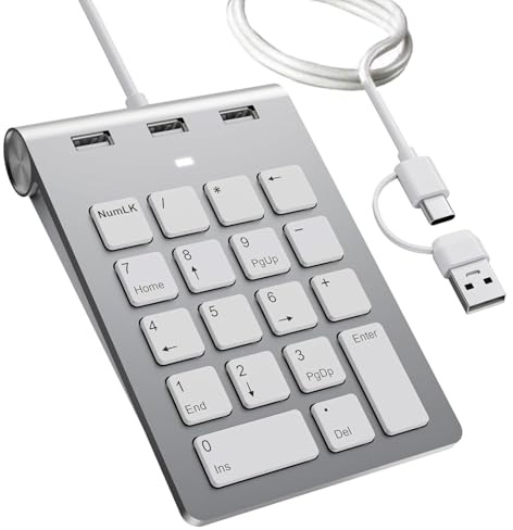 USB-C & USB-A Wired Numpad,2-in-1Wired Number Pad with 3 USB Ports,18 Keys,Ergonomic Mini Numeric Keypad Dual Interface USB and Type-C,Portable& Function Keys for Laptop,Tablet,PC,ipad,23.6in Cable