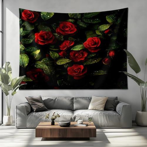 Tapestry Wall Hanging Bedroom, Ceiling Tapestries Red Rose Tapestries for Living Room Dorm Decor, Green Leaves Wall Art Tapestry Aesthetic Decorative (60in x 40in)