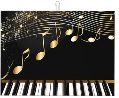 Gold Music Note Dish Drying Mat Absorbent Draining Board Pad for Kitchen Counter Piano Keyboard Coffee Mat Dishes Drainer Protector with Hanging Loop 18 x 24 Inch