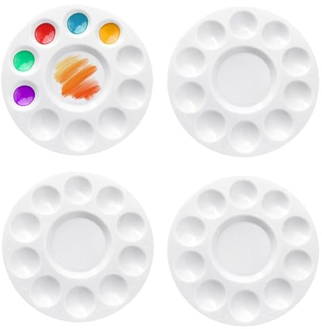 4 Pcs Round Paint Palettes, 6.5inch Plastic Paint Tray Palette, Wet Palette with 10 Wells and 1 Central Reservoir for Acrylic Watercolor Oil Gouache or DIY Party, Hanging Hole for Easy Holding