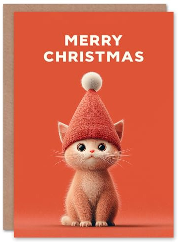 Artery8 Christmas Card Ginger Cat Lover Cute Kitten Wearing Knitted Hat