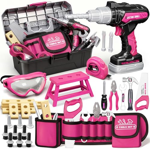 KidBloom 50 Pcs Kids Tool Set, Role Play Toys for 3 4 5 Year Old Girls | Kids Tool Box with Toy Drill & Kids Tool Belt, DIY Kids Tool Kit, with Glasses & Tape Measure, 3 Year Old Girl Gifts Birthday