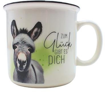Kaffeebecher/Tasse aus Porzellan, Campingbecher, Reisebecher, Retrodesign, Motiv: Esel, Zum Glück gibt es dich, Größe H/Ø: 9 x 9 cm, Fassungsvermögen 250 ml, Spülmaschinengeeignet.