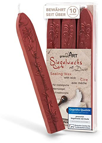 gravurART Siegelwachs Rot-Metallic - Persönliche Briefe versiegeln mit Stempelwachs für Siegelstempel - 3 Stangen Wachs mit Docht