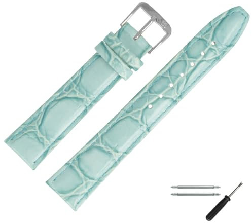 MARBURGER Uhrenarmband 18mm Leder Tuerkis Silber Kroko (Caiman) Prägung Mit Naht - Montage Set 5291859000120
