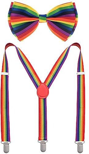 Pride Fliege und Straps-Set – LGBT Fliege und Straps-Set für Herren – viele Farben zur Auswahl, Regenbogen, One Size Fits Most