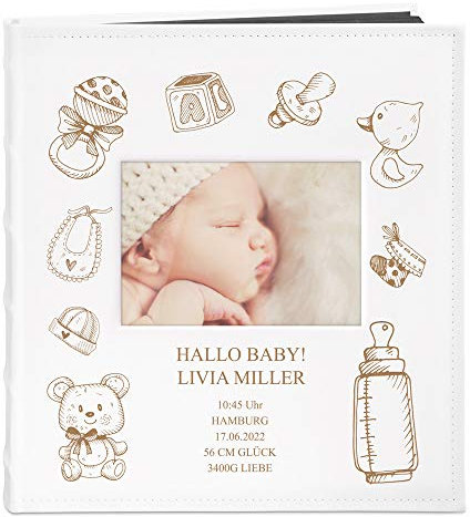 Maverton Fotoalbum zum Selbstgestalten mit Gravur - für 240 Fotos 10x15-60 schwarze Seiten - Größe 33x30cm - Weiß - personalisierte Geschenke für Kinder zur Taufe Kommunion - Geburtstagsgeschenk