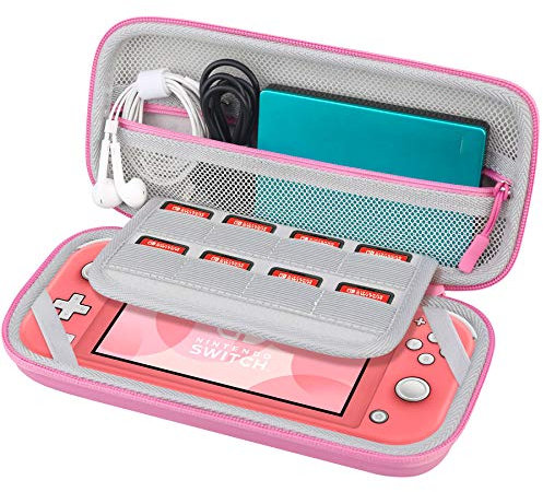 BOVKE Custodia da trasporto per Nintendo Switch Lite, tasche extra in rete per schede di gioco Switch Lite, cavi e accessori, Rosa [Video Gioco]