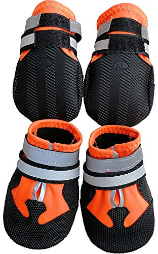 Leeko Hundeschuhe, 4 Stück Hundepfotenschutz Hundestiefel mit Anti-Rutsch Sohle, reflektierendem Riemen, Klettverschluss, Hundeschnee Stiefel Pfotenschutz für mittlere und große Hunde, Orange (L)