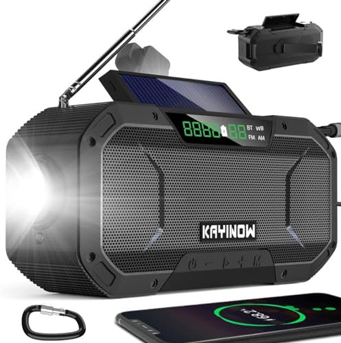 Bluetooth Radio d'urgence Manivelle Solaire, Météo NOAA Radio FM portable 5000mAh, Fonctionne sur batterie, étanche avec lampe de poche, chargeur de téléphone portable, SOS, pour