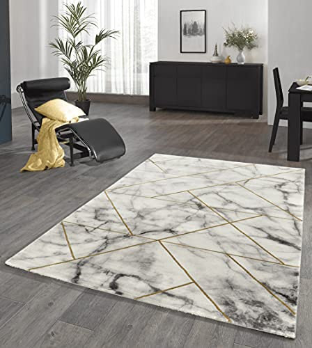 the carpet Marble Moderner Dichter Kurzflor Wohnzimmer Schlafzimmer Teppich, Designerteppich, Eleganter Glanz, Glanzfaser, Flauschig, modisch, Marmor-Optik, Geometrisch, Gold, 200 x 290 cm