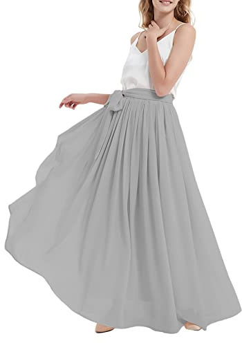 Damen Maxi Lang Chiffon Brautjungfer Rock Hohe Taille Bodenlang Plissee Sommer Strand Rock mit Gürtel für Hochzeit Party, grau, S/M