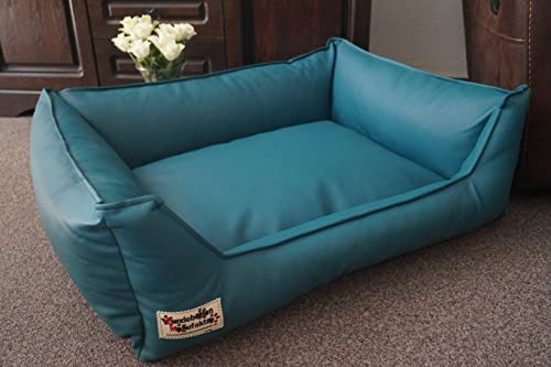 Hundebettenmanufaktur Hundebett Hundesofa Schlafplatz Kunstleder Similpelle für Hunde Formstabil Wasserabweisend Petrol 70 cm x 55 cm