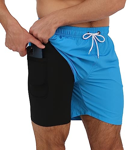 Arcweg Men's Swim Trunks Mens Swimming Shorts with Compression Liner Quick Dry Stretchy 2 in 1 Board Shorts with Zipper Pockets Light Blue S (UK)