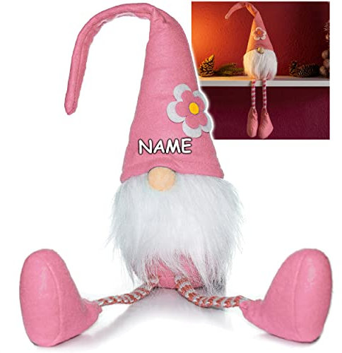 alles-meine.de GmbH lustiger Wichtel/Zwerg 63 cm groß rosa/pink - mit Blume - inkl. Name - für Sommer & Winter - Weihnachten - Plüschtier/Kantenhocker/Türstopper - W..