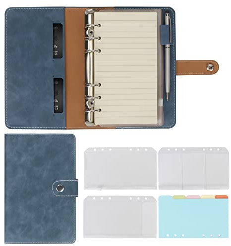 Simpolor Leder A6 Ring Binder Notizbuch, 6 Ring mit Nachfüllpapier, Binder Taschen und Betreff Teiler Papierblatt, Reise Binder Journal Personal Planner mit Ring Binder, Blau