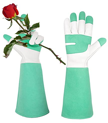 AIGEVTURE Rosen-Gartenhandschuhe mit langen Ärmeln, dornensicher, Rosen-Gartenhandschuhe für Männer und Frauen, langer Handschuh, genarbtes Rindsleder, grün (XS)