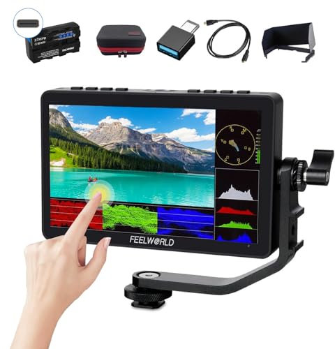 FEELWORLD F5 Pro V4 6 pollici DSLR Camera Field Monitor Bundle + Batteria+Custodia + Micro HDMI Cords - Monitor video touch screen con 3D LUT 1080P 4K HDMI con piastra di alimentazione esterna F970