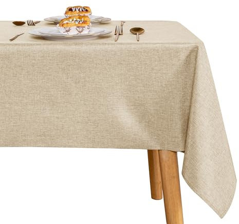 JIUZHEN Beige Tischdecke Abwaschbar Tischdecken Leinenoptik für Esszimmer, Garten, Outdoor,Hochzeiten Wasserabweisend Tischtuch Eckig 135X160 cm