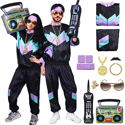 Disfraz de Chándal Años 80, Accesorios Ropa Chándal Años 80 con Teléfono, Radio, Gafas, Diadema, Collar, Anillo y Pulsera para Rockstar Carnaval Halloween Temática Fiestas Disfraz de Neón(XL, Negro)