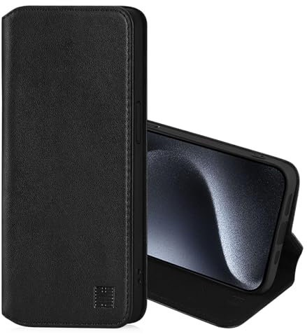 32nd Classic Series 2.0 - Real Leather Book Wallet Flip Case Cover For Apple iPhone 15 Pro Max (6.7), With RFID Blocking Card Slot, Magnetic Closure and Built In Stand - Black