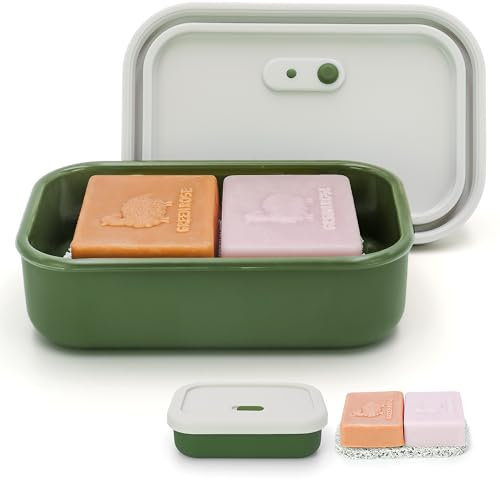 Enhanced Leak Proof Travel Soap Case, Silicone Soap Container, Travel Soap Dish with Draining Layer, Keep Soap Dry, Portable Travel Soap Container,Large capacity Silicone Soap Holder (Offwhite& Green)