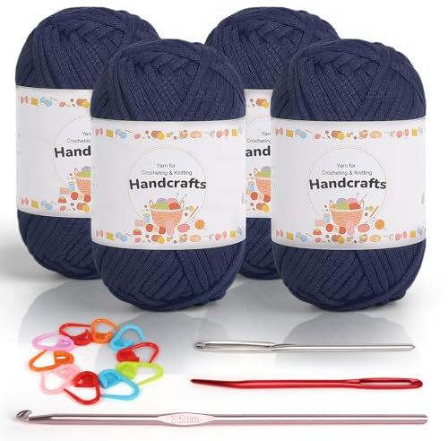 Coopay 4 x 50g Baumwolle Häkelwolle für Anfänger, Gut Sichtbare Maschen Garn Häkelgarn mit Häkelzubehör, Chunky Wolle zum Häkeln, Dickes Baumwoll-Nylon-Mischgarn für Tasche, Puppen - Denim Blue
