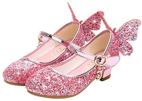YOSICIL Mädchen Prinzessin Schuhe ELSA Schmetterling Schuhe mit Absatz Pailletten Glitzer Schuhe Kinder Ballerinas Hochzeitsschuhe Partei Festschuhe Karneval Halloween Party, Rosa, 25