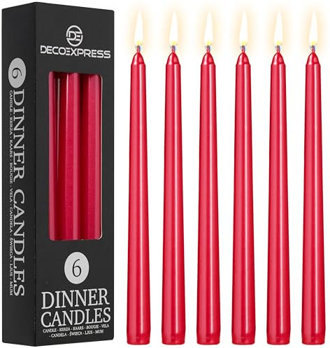 DECO EXPRESS Stabkerzen Set 6er, 10, 15 oder 50er, Lange Brenndauer bis zu 8 Std, Geruchslos (Metallic Rot - 6er-Pack)