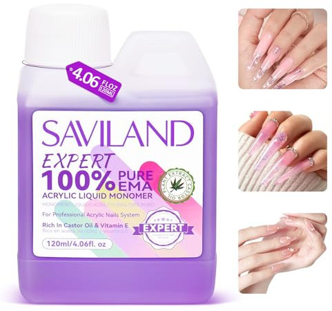 SAVILAND Low Odor Acrylic Liquid: 120 ml Castor Oil Vitamin E Acrylic Liquid Monomer Professional Pure EMA Nail Monomer Liquid Monomer for Acrylic Nails Nail Tech Salon For DIY Home & Nail Salon Use