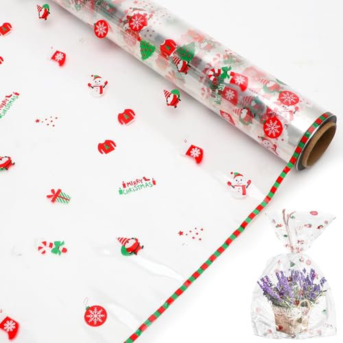Yuragim Cellophan Geschenkpapier Rolle, 40CMx30M Transparente Geschenkpapier Weihnachten Schneeflocken Klares Cellophan Rolle Geschenkfolie Transparent für Geschenk (Weihnachten Muster)