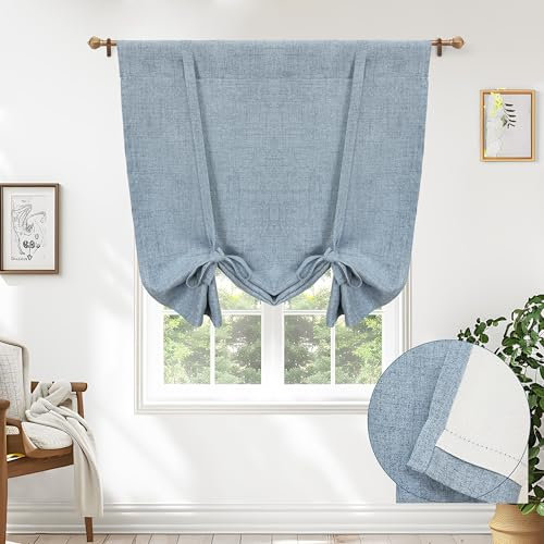 DriftAway Double Layer Linen Blackout Tie Up Curtains Thermal Insulated Fully Lined Balloon Roman Shade Bathroom Window Adjustable Rod Pocket for Small Window 45 Inch by 63 Inch Dusty Blue