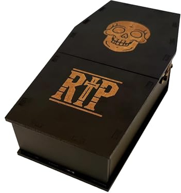 Wooden World - Sargförmiger Kastenbehälter - mit Totenkopf-Motiv und der Aufschrift RIP Halloween-Dekoration - Schwarz
