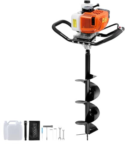 VEVOR Excavadora de Pozos a Gasolina de 63 cc y 2400 W Barrena para Postes a Gasolina con Brocas de 200 mm y 1 Varilla de Extensión para Vallas de Postes, Cultivo, Jardín, Plantas, Naranja y Negro