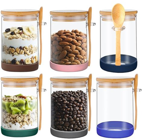 PENGSHU Glass Jars with Bamboo Lids and Spoons – Airtight Storage Containers with Protective Non-Slip Coasters, Kitchen Canisters for Tea, Coffee, Sugar, Overnight Oats, Salt, 450 ML, Set of 6