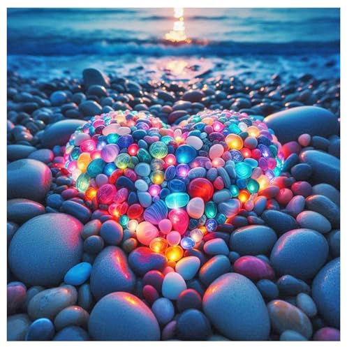 SHEGZHUC 40x40cm Eckige Steine Diamond Painting Herzen am Strand Diamond Painting Leuchtend im Dunkeln Strand Meer Herz Mosaik Diamant Malerei Kunst Stickerei Kreuzstich Bilder Geschenk Wanddekoration