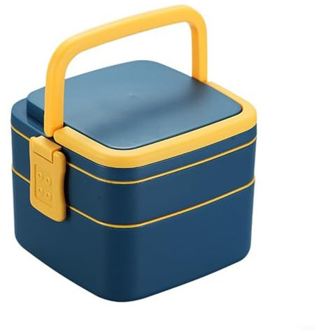 RemixAst Lonchera de doble capa apta para microondas para oficina y escuela, ligera, diseño portátil con cuchara, hecha de polipropileno (cuadrado azul)