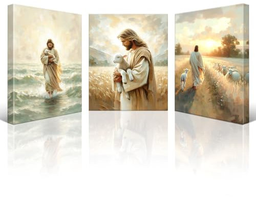 Artscope 3 Teilig Leinwandbilder Jesus Bewacht das Lamm Motiv Kunstdruck - Religiöse Wandbild für Kirche Gebetsraum Wohnzimmer Wanddekoration - 30 x 40 cm