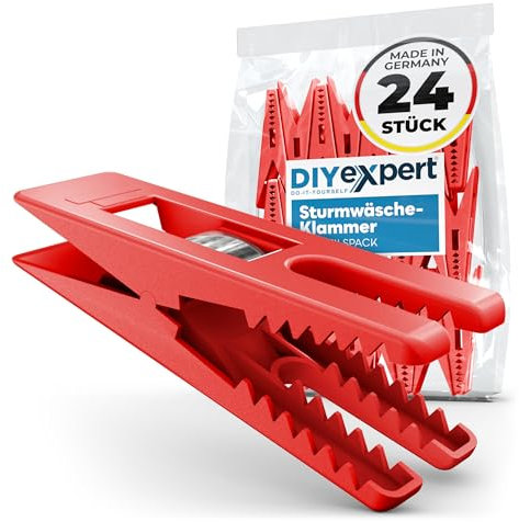 DIYexpert Wäscheklammern Sturm Made in Germany | [Rot] | Stabile Kluppen für Wäscheleine, Wäschespinne und Wäscheständer | Strandliegen clothespins und Clothes pegs