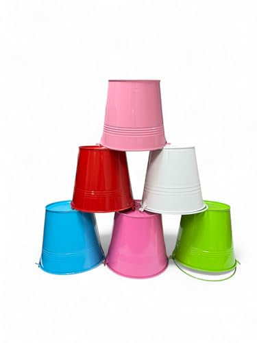 Colourful Metal Plant Pots – Set of 6 Garden Planters with Handles, Bright Garden Decor for Indoor & Outdoor Use, Small Flower Buckets for Herbs or Succulents 13cm x 10cm x 12cm