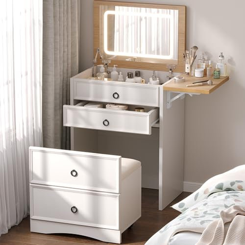 LUXOAK 3-in-1 Schminktisch mit LED Spiegel & Hocker – Frisiertisch mit Schubladen, Klappbarer Ablage & Stauraum – Kosmetiktisch für Schlafzimmer, Kinderzimmer & Wohnung, Weiß
