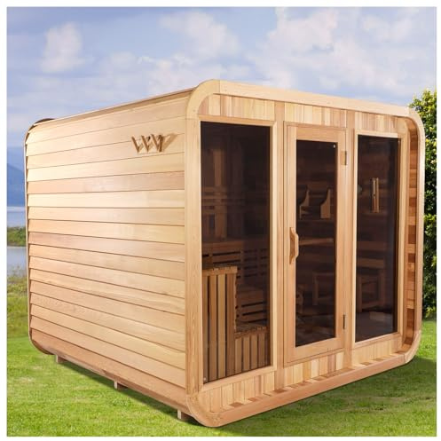 amocane Outdoor-Sauna für 6–10 Personen, traditionelle Zero EMF 6 kW Saunen für Zuhause, Spa, kanadische Hemlock-Holz, großer quadratischer Saunaraum, Veranda-Option, Heizung mit Steinen (-17,8–90,6 °
