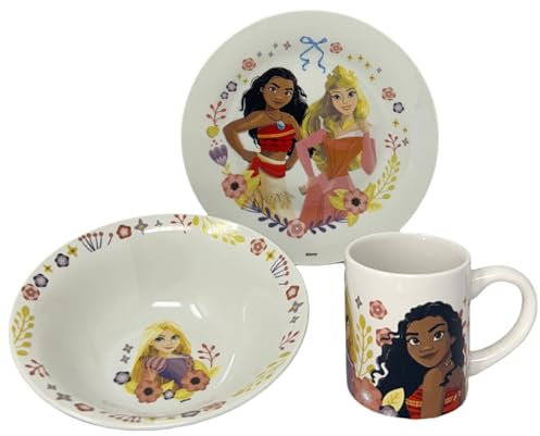 CARTOON Set 3 pezzi in ceramica Principesse Disney tazza ciotola piatto stoviglie per bambini servizio da tavola in confezione