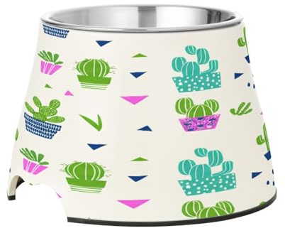 SKYSHU Cacti Plants Elevated Dog Bowls, Prevention of Vertebrae Disease Raised Dog & Cat Bowl Stand with Removable Stainless Steel Bowls, Non-Slip Spill-Proof Pet Food & Water Bowl Dish