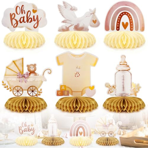 Babyparty Deko Mädchen, 6 Stück Babyparty Tischdeko mit Storch Geburt & Bären Motiven, Willkommen Zuhause Baby Tischdekoration für Babyshowerparty Deko - Bienenwaben Mittelstück (Hellbraun)