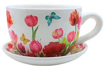 Dekohelden24 Blumentopf, Pflanztasse, Pflanzkübel, Pflanzgefäß, Blumenkübel, Pflanztopf. Übertopf als Tasse mit Griff aus Keramik, Motiv: Tulpenmeer, L/B/H 20 x 15 x12 cm.