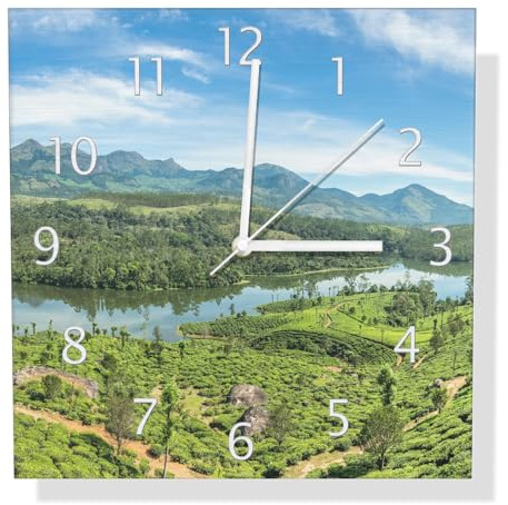 Wallario Design Wanduhr Flusstal inmitten grüner Hügellandschaft aus Aluverbund, Alu-Uhr Größe 30 x 30 cm, weiße Zeiger mit Metalloptik