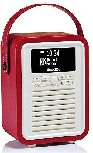 VQ Retro Mini Portable Dab Radio with Bluetooth Speaker and Aux - Bedside Dab+ FM Radio Alarm Clock - Digital DAB Radio Mains Powered & Battery Operated with Antenna, Headphone Jack - Red